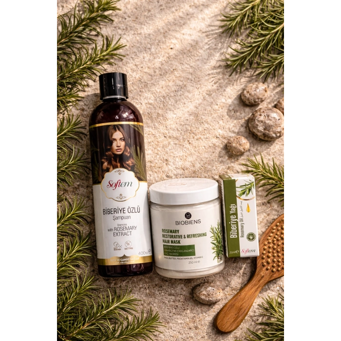 ÇareBurada Biberiye Özlü Şampuan 400 ml + Bıobıens Biberiye Saç Maskesi 250 ml + Biberiye Yağı 20 ml