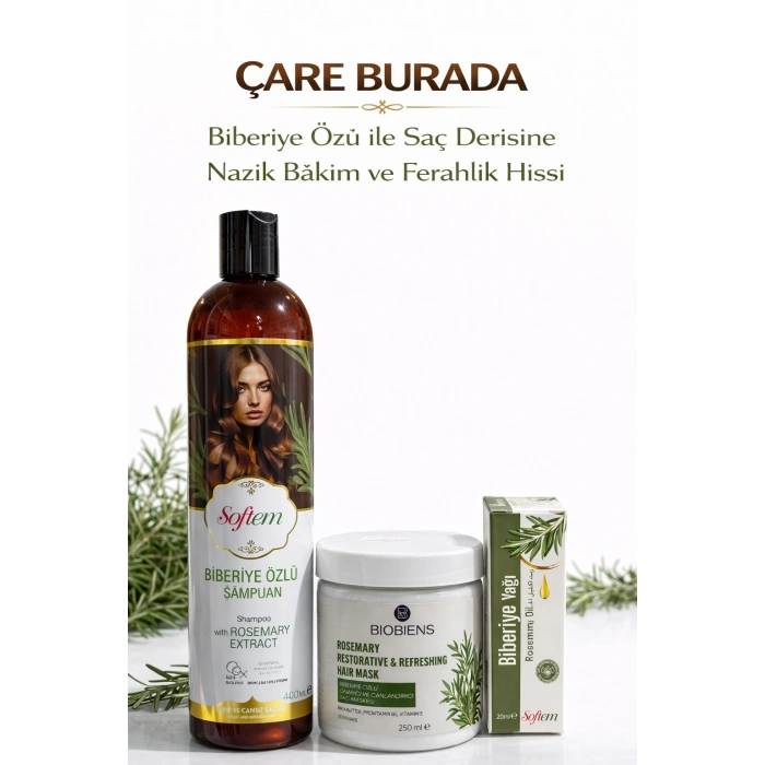 ÇareBurada Biberiye Özlü Şampuan 400 ml + Bıobıens Biberiye Saç Maskesi 250 ml + Biberiye Yağı 20 ml