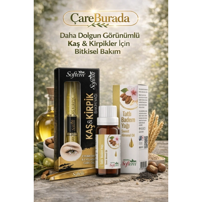 ÇareBurada Kaş&Kirpik Bakım Yağı 20 ml. + Tatlı Badem Yağı 20 ml. | Kaş Kirpik Bakım Seti