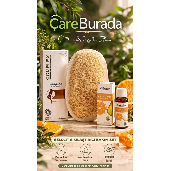 ÇareBurada Selülit Bakım Seti | Portakal Yağı 20 ml. & Selülit Bakım Yağı 125 ml. & Kabak Lifi | Sıkılaştırıcı ve Nem Destekleyici Bakım