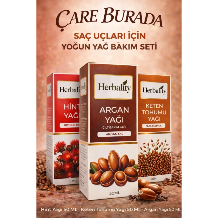 Saç Uçları İçin Yoğun Yağ Bakım Seti (Hint Yağı & Argan Yağı & Keten Tohumu Yağı)