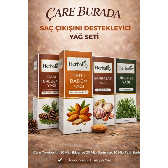 Saç Çıkışını Destekleyici Yağ Seti (Sarımsak Yağı & Biberiye Yağı & Çam Terebentin Yağı & Tatlı Badem Yağı)