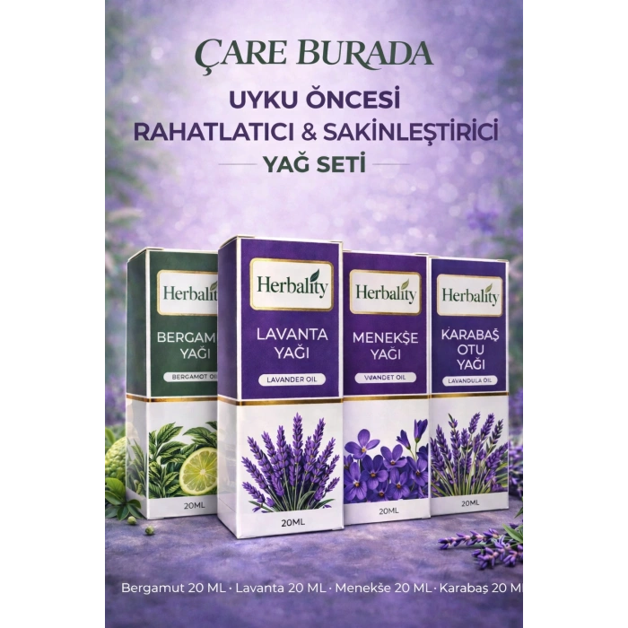 Sakinleştirici ve Uyku Öncesi Rahatlatıcı Yağ Seti (Bergamut Yağı & Lavanta Yağı & Karabaş Yağı & Menekşe Yağı)