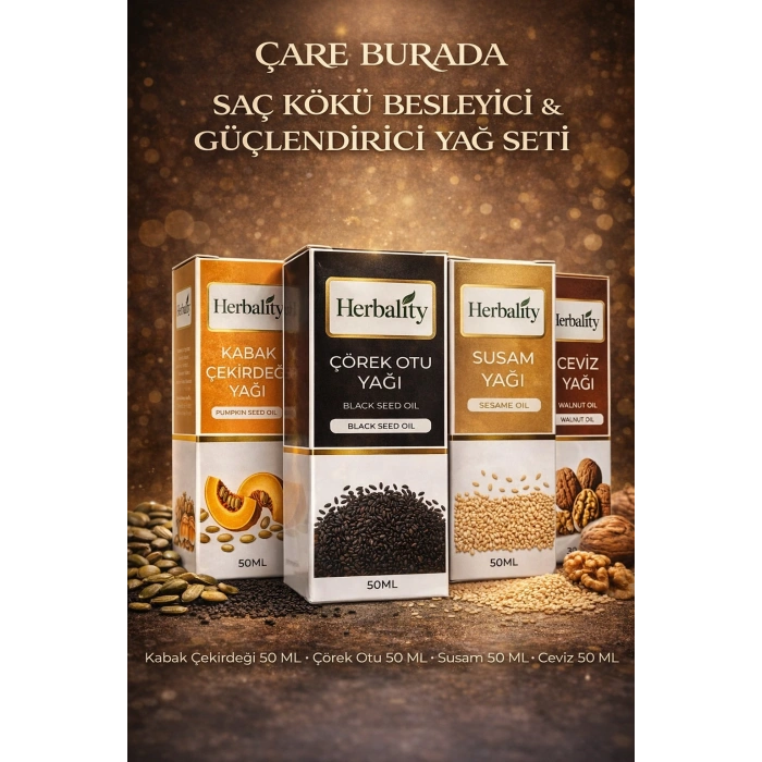 Saç Kökü Besleyici ve Güçlendirici Yağ Seti (Kabak Çekirdeği Yağı & Susam Yağı & Çörek Otu Yağı & Ceviz Yağı)