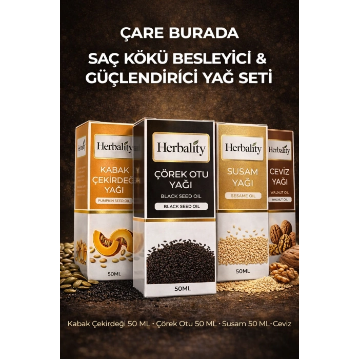 Saç Kökü Besleyici ve Güçlendirici Yağ Seti (Kabak Çekirdeği Yağı & Susam Yağı & Çörek Otu Yağı & Ceviz Yağı)