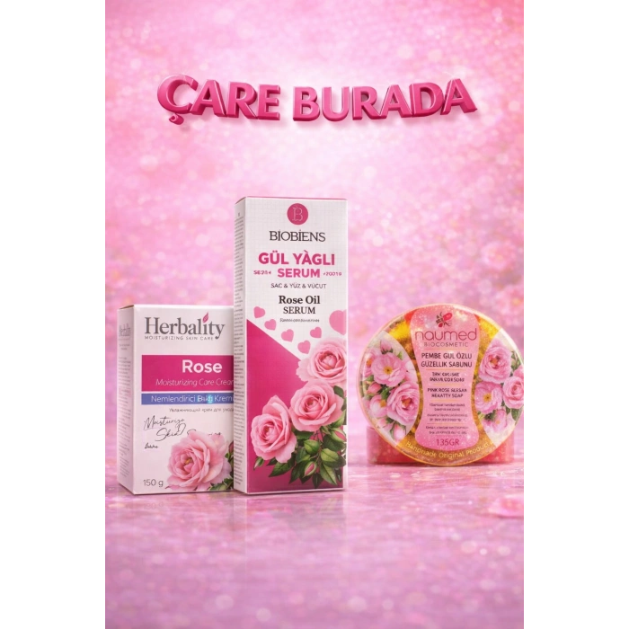 Gül Yağlı Serum 100 Ml (Saç & Vücut & Yüz) + Gül Özlü Nemlendirici Krem 150 g + Gül Özlü Güzellik Sabunu 135 gr