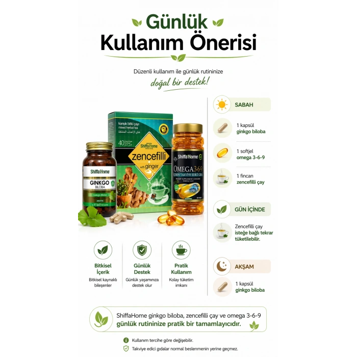 ÇareBurada Zihin Seti |  Ginkgo Biloba 60 Kapsül & Zencefilli Çay 40 Poşet & Omega 3-6-9 Softjel