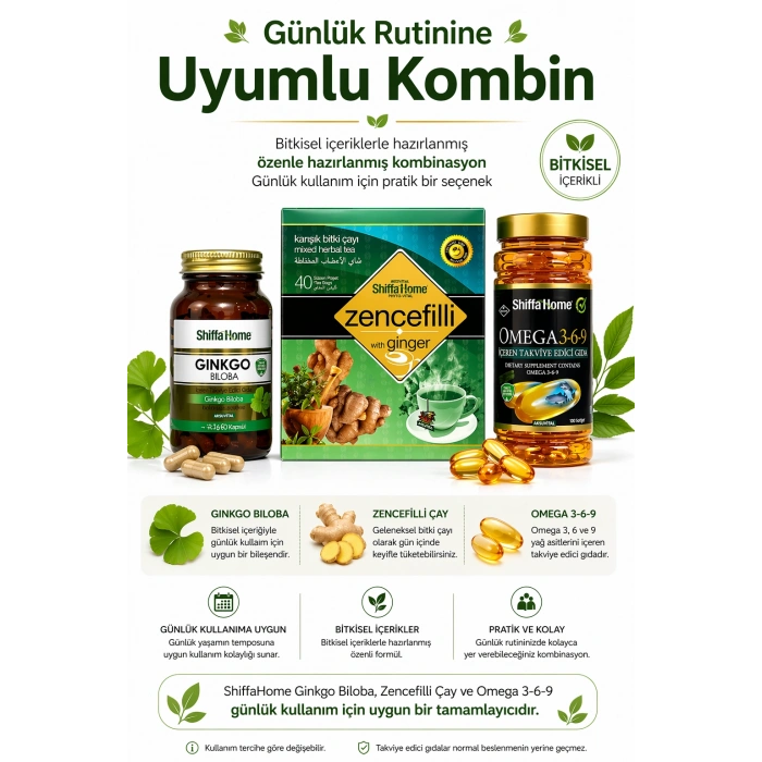 ÇareBurada Zihin Seti |  Ginkgo Biloba 60 Kapsül & Zencefilli Çay 40 Poşet & Omega 3-6-9 Softjel