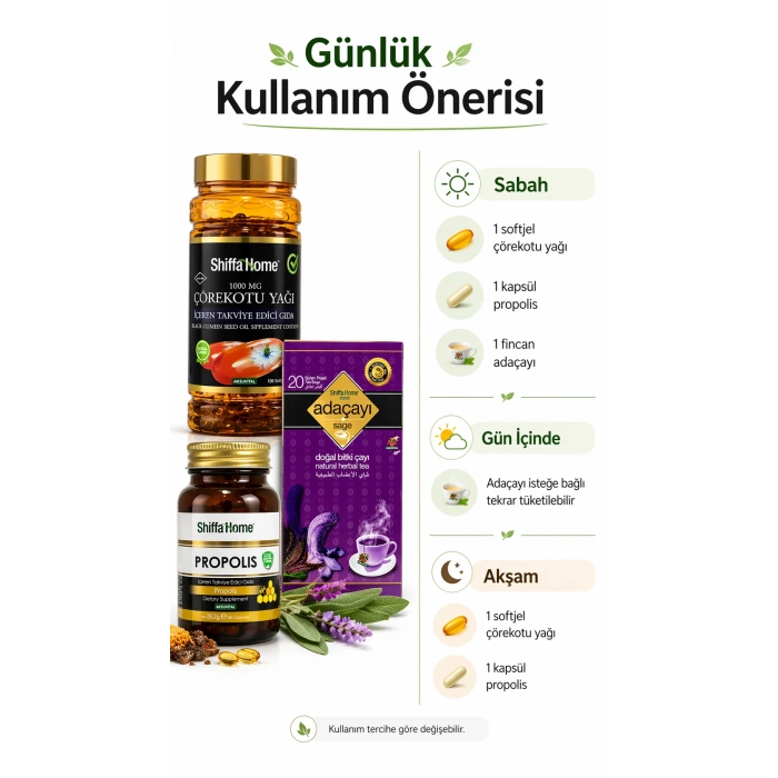 ÇareBurada Günlük Rutin Destek Seti | Çörekotu Yağı 100 Softjel & Adaçayı 20 Poşet Çay & Propolis Kapsül 60 Kapsül