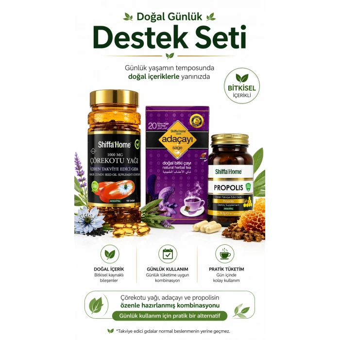 ÇareBurada Günlük Rutin Destek Seti | Çörekotu Yağı 100 Softjel & Adaçayı 20 Poşet Çay & Propolis Kapsül 60 Kapsül