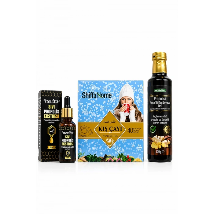 ÇareBurada Kış Seti | Propolis 20 ml & Kış Çayı 40 Poşet & Propolisli Zencefilli Keçi Boynuzu Özü 350 g