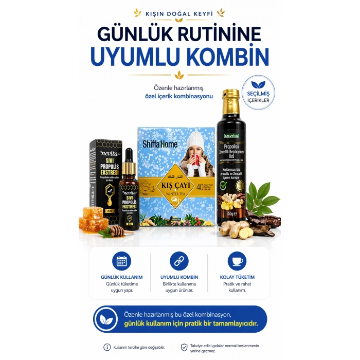 ÇareBurada Kış Seti | Propolis 20 ml & Kış Çayı 40 Poşet & Propolisli Zencefilli Keçi Boynuzu Özü 350 g