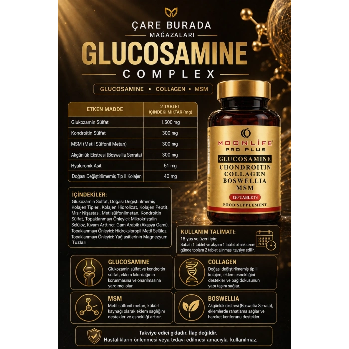 Moonlife - Glukozamin, Kondroitin, Sülfat Kapsül 120 Adet (Glukozamin & MSM & Kolajen & Akgünlük & Kondroitin)