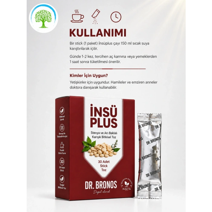 ÇareBurada | Dr. Bronos İnsü Plus Stevya ve Acı Baklalı Karışık Bitkisel Toz 30 Stick
