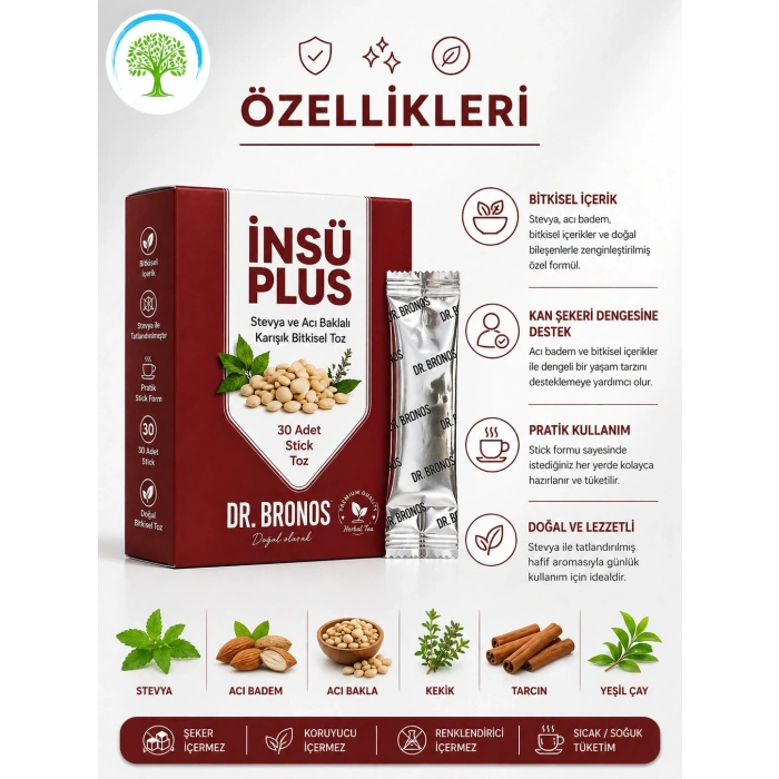 ÇareBurada | Dr. Bronos İnsü Plus Stevya ve Acı Baklalı Karışık Bitkisel Toz 30 Stick