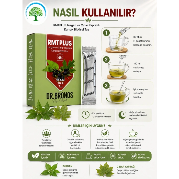 ÇareBurada | Dr. Bronos RMT Plus Isırgan ve Çınar Yapraklı Karışık Bitkisel Toz 30 Stick