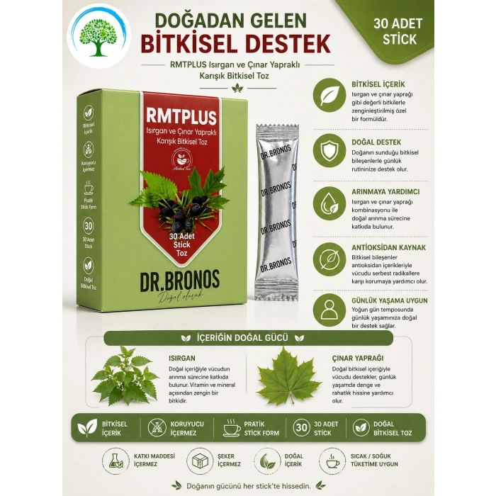 ÇareBurada | Dr. Bronos RMT Plus Isırgan ve Çınar Yapraklı Karışık Bitkisel Toz 30 Stick