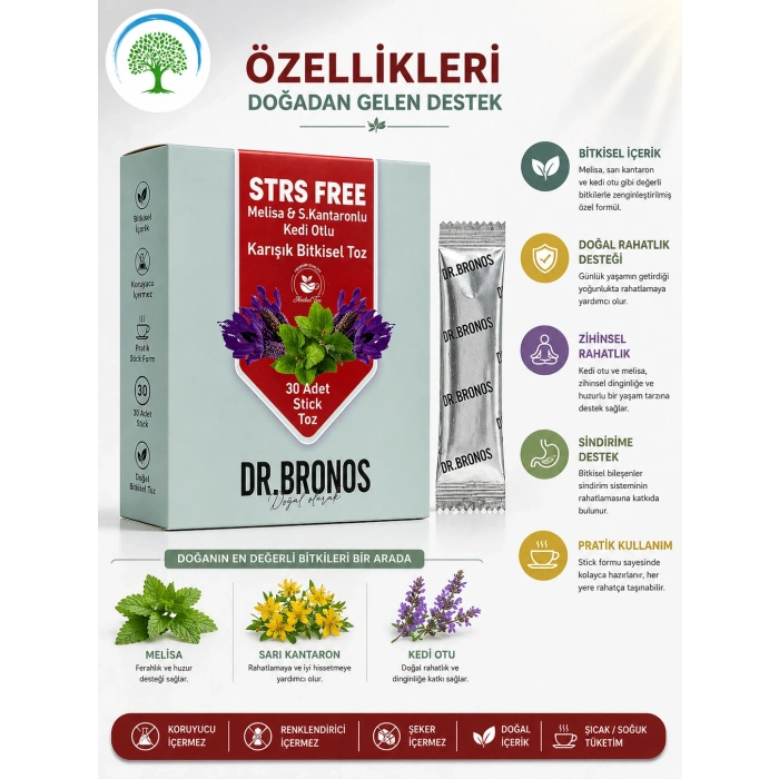 ÇareBurada | Dr. Bronos STRS FREE Melisa, Sarı Kantaron, Kedi otlu Karışık Bitkisel Toz 30 Stick