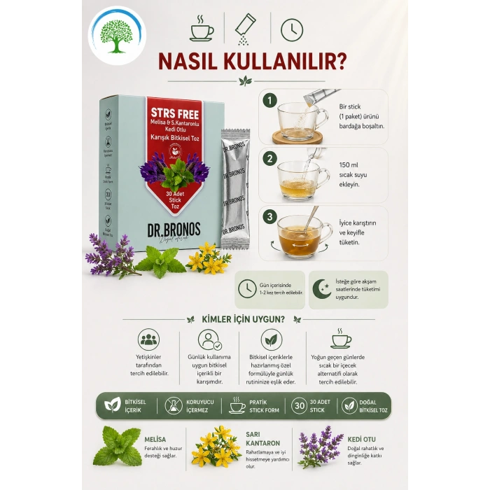 ÇareBurada | Dr. Bronos STRS FREE Melisa, Sarı Kantaron, Kedi otlu Karışık Bitkisel Toz 30 Stick