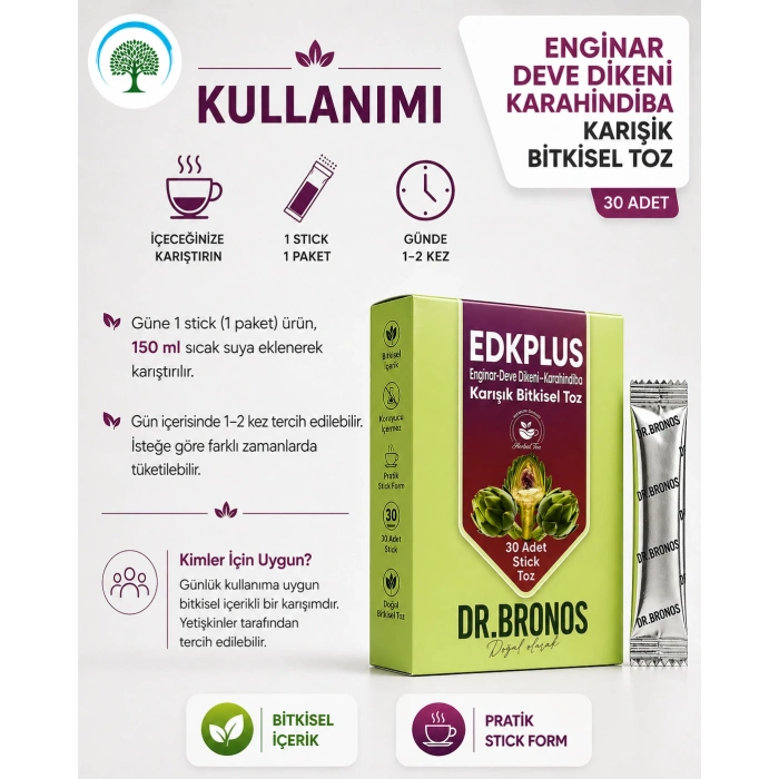 ÇareBurada | Dr. Bronos EDKPLUS Enginar, Devedikeni, Karahindiba Karışık Bitkisel Toz 30 Stick