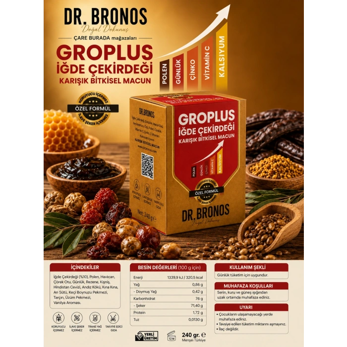Dr. Bronos - GROPLUS İğde Çekirdeği Karışık Bitkisel Macun 240 Gr (Polen & Günlük & Çinko & Kalsiyum)