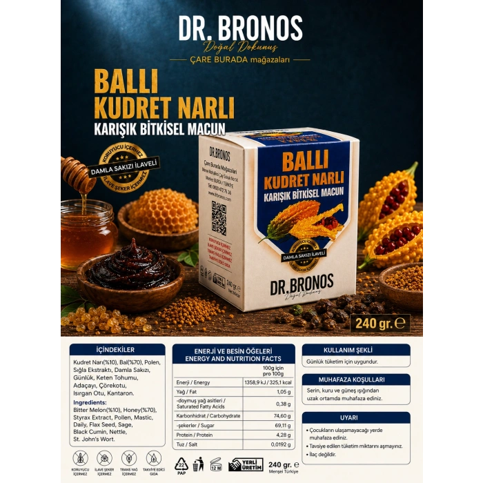 Dr. Bronos - Ballı Kudret Narlı Karışık Bitkisel Macun 240 Gr (Polen & Damla Sakızı & Kantaron)