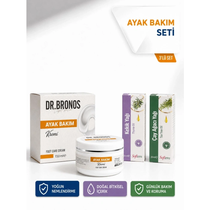 Ayak Bakım ve Nemlendirme Seti | DR.BRONOS Ayak Bakım Kremi 150 ml & Softem Kekik Yağı 20 ml & Softem Çay Ağacı Yağı 20 ml