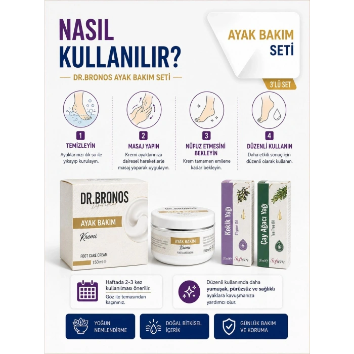 Ayak Bakım ve Nemlendirme Seti | DR.BRONOS Ayak Bakım Kremi 150 ml & Softem Kekik Yağı 20 ml & Softem Çay Ağacı Yağı 20 ml