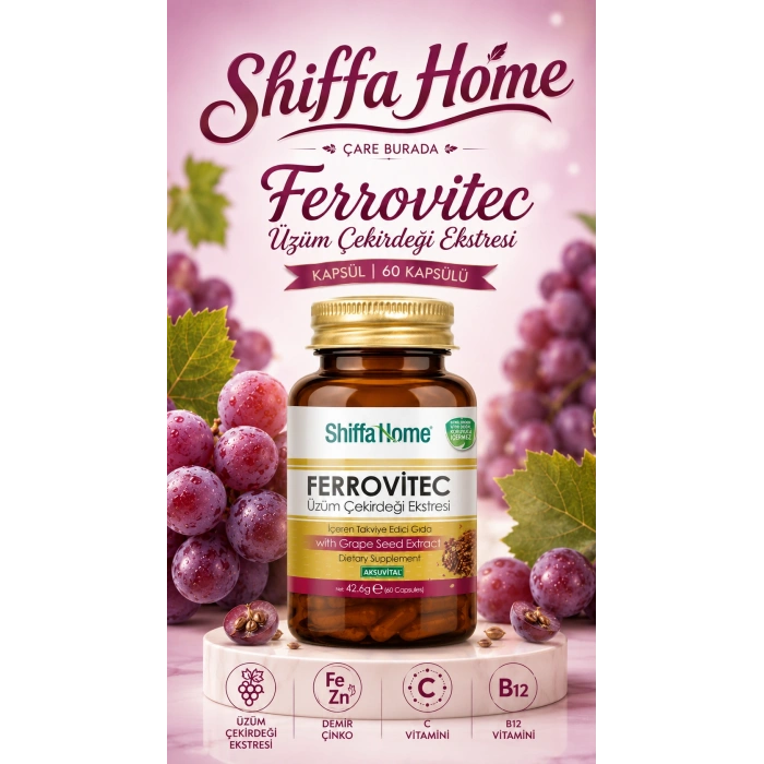 Ferrovitec Üzüm Çekirdeği Ekstresi Kapsül (60 Kapsül) (Demir & Çinko & C Vitamini & B12 Vitamini)