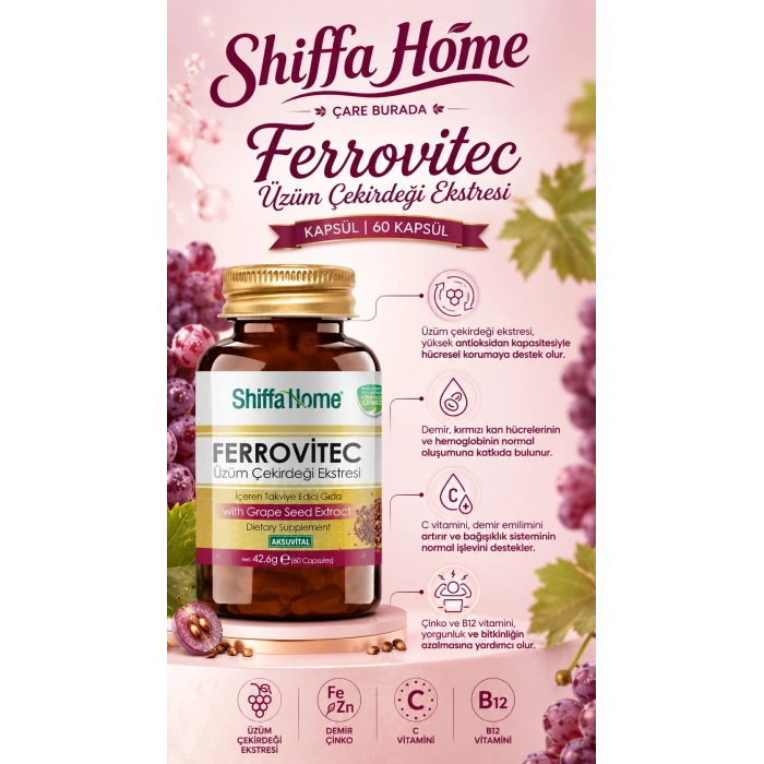 Ferrovitec Üzüm Çekirdeği Ekstresi Kapsül (60 Kapsül) (Demir & Çinko & C Vitamini & B12 Vitamini)