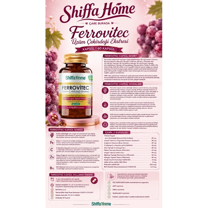 Ferrovitec Üzüm Çekirdeği Ekstresi Kapsül (60 Kapsül) (Demir & Çinko & C Vitamini & B12 Vitamini)