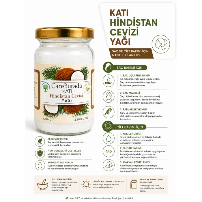 ÇareBurada Katı Hindistan Cevizi Yağı 100 ml. - Soğuk Sıkım