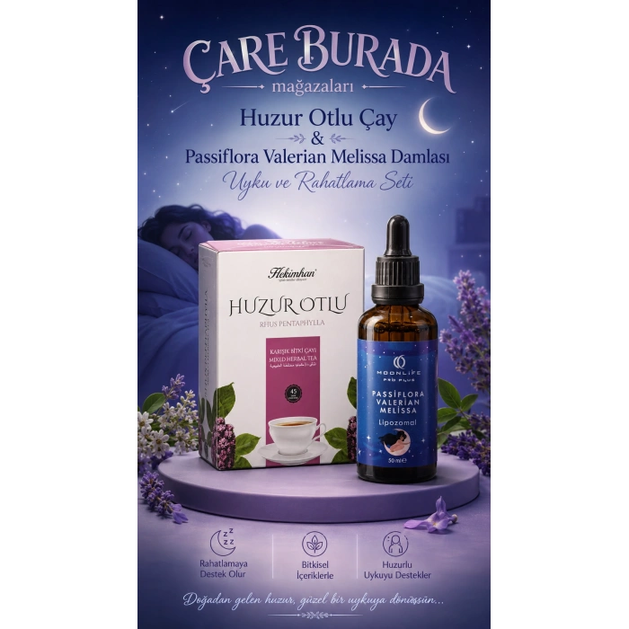 Huzurlu Uyku & Rahatlama Seti (Huzur Otlu Çay 45li & Passiflora, Valerian, Melissa Damla 50 Ml)