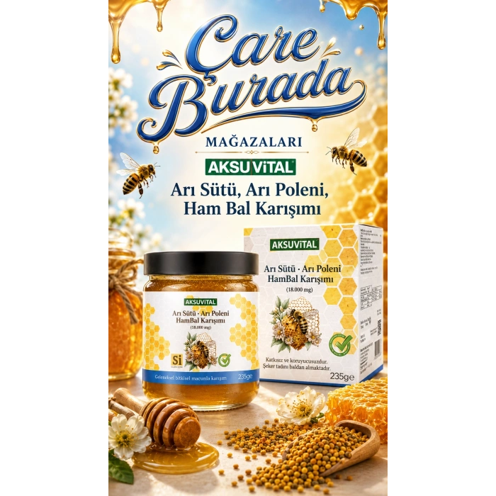 Aksuvital - Arı Sütü & Arı Poleni Ham Bal Karışımı 235 Gr (18.000 miligram)