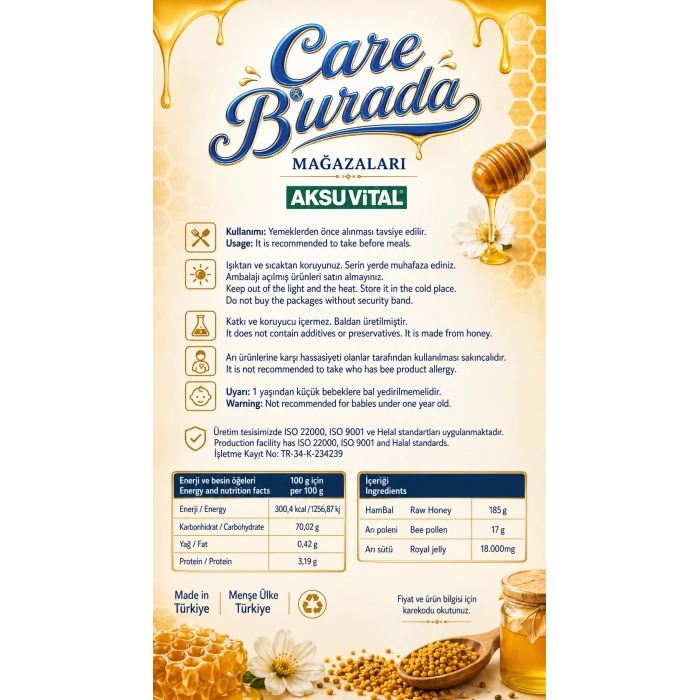 Aksuvital - Arı Sütü & Arı Poleni Ham Bal Karışımı 235 Gr (18.000 miligram)