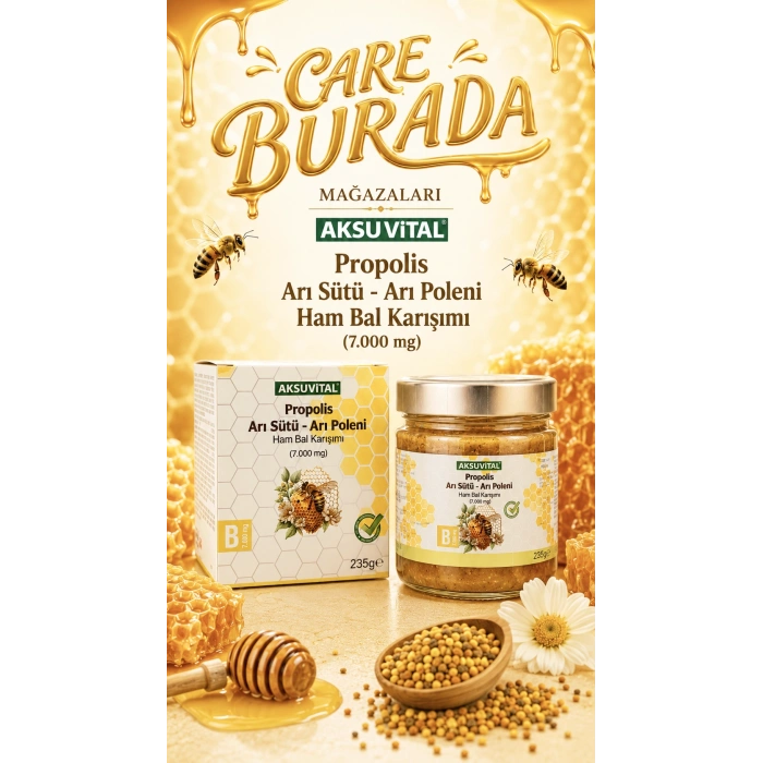 Aksuvital - Propolis & Arı Sütü & Arı Poleni Ham Bal Karışımı 235 Gr (7000 miligram)