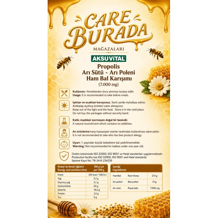 Aksuvital - Propolis & Arı Sütü & Arı Poleni Ham Bal Karışımı 235 Gr (7000 miligram)