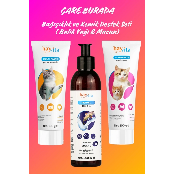 Bağışıklık & Kemik Desteği Seti (Balık Yağı, Multivitamin & Yavru ve Anne Kedi Macunu)
