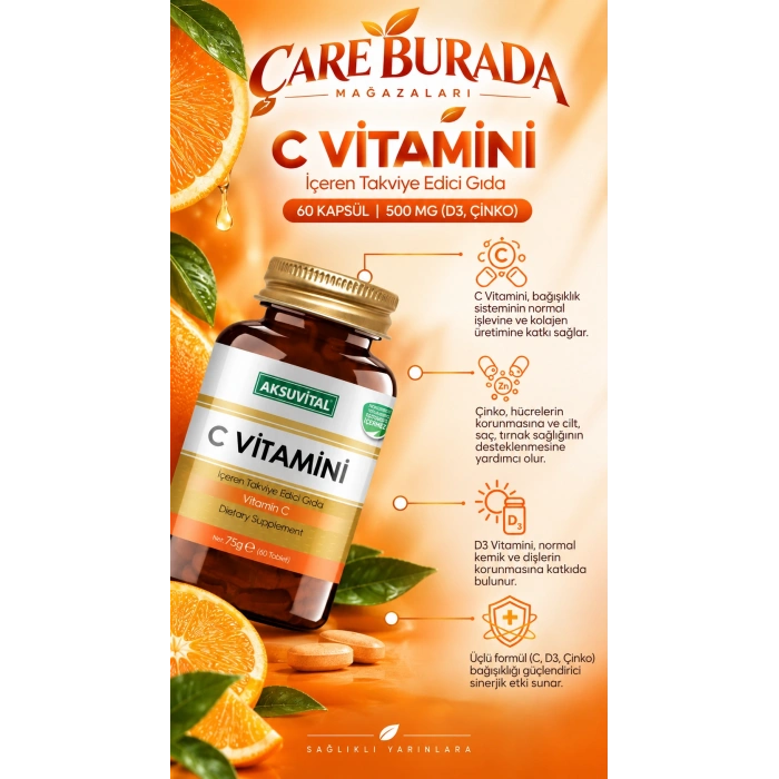 C Vitamini İçeren Takviye Edici Gıda 500 Mg (60 Tablet) (Çinko + D3)