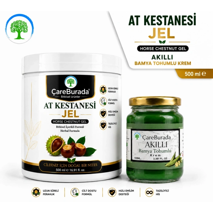 ÇareBurada At Kestanesi Jel 500 ml. & ÇareBurada Bamya Tohumlu Masaj Kremi 100 ml. | Ferahlatıcı Jel, Besleyici Masaj Kremi