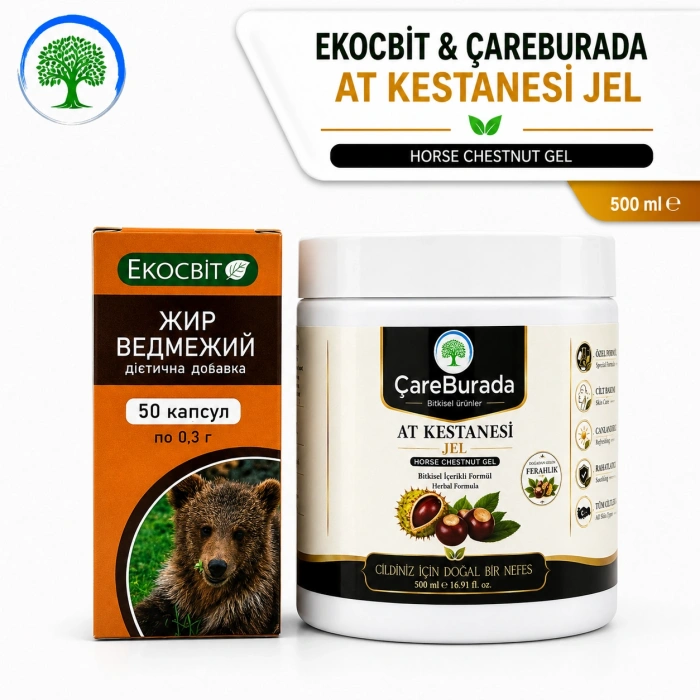 ÇareBurada At Kestanesi Jel 500 ml. & Ekocbit Ayı Yağı 50 ml. | Ferahlatıcı Jel, Besleyici Masaj Yağı