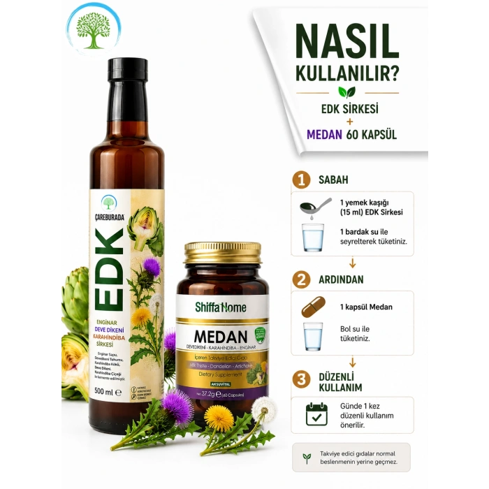 ÇareBurada EDK Sirke 500 ml & ShiffaHome Medan 60 Kapsül, Enginar, Devedikeni, Karahindiba