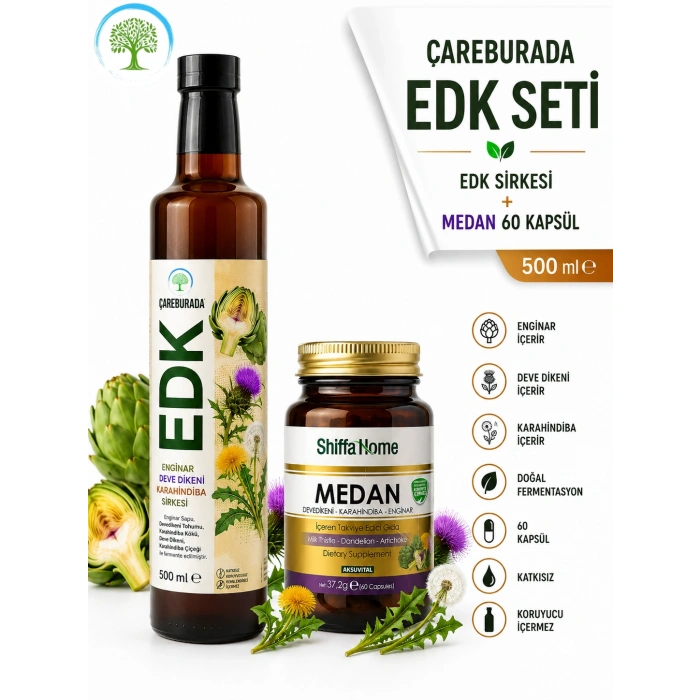 ÇareBurada EDK Sirke 500 ml & ShiffaHome Medan 60 Kapsül, Enginar, Devedikeni, Karahindiba