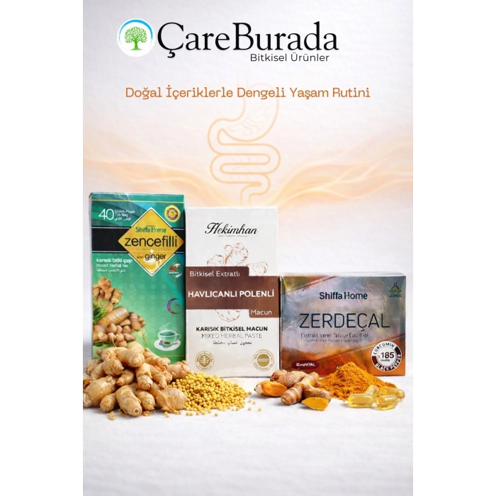 ÇareBurada Günlük Destek Seti & Zencefilli Çay, Havlıcanlı Polenli Karışım & Zerdeçal Kapsül