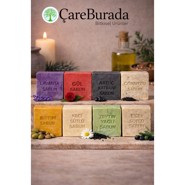 ÇareBurada Sabun Seti 8li - Lavanta & Gül & Ardıç Katranı & Çörekotu & Bıttım & Keçi Sütlü & Zeytin Yağlı & Eşek Sütlü