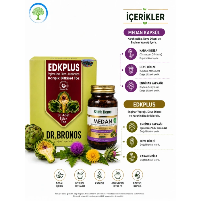 Dr. Bronos EDKPLUS Enginar-Deve Dikeni- Karahindiba Karışık Bitkisel Toz & ShiffaHome Medan 60 Kapsül
