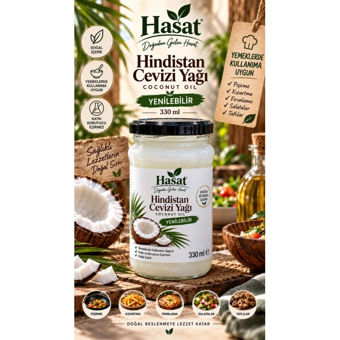 Hasat - Yenilebilir Katı Hindistan Cevizi Yağı 330 ml (Soğuk Sıkım)