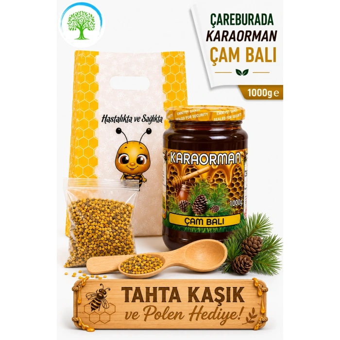 Karaorman Çam Balı 1000g | Tahta Kaşık ve Polen Hediye