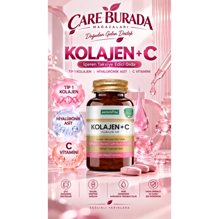 Kolajen + C Vitamini Hyaluronik Asit Aksuvital 900 Mg 90 Kapsül