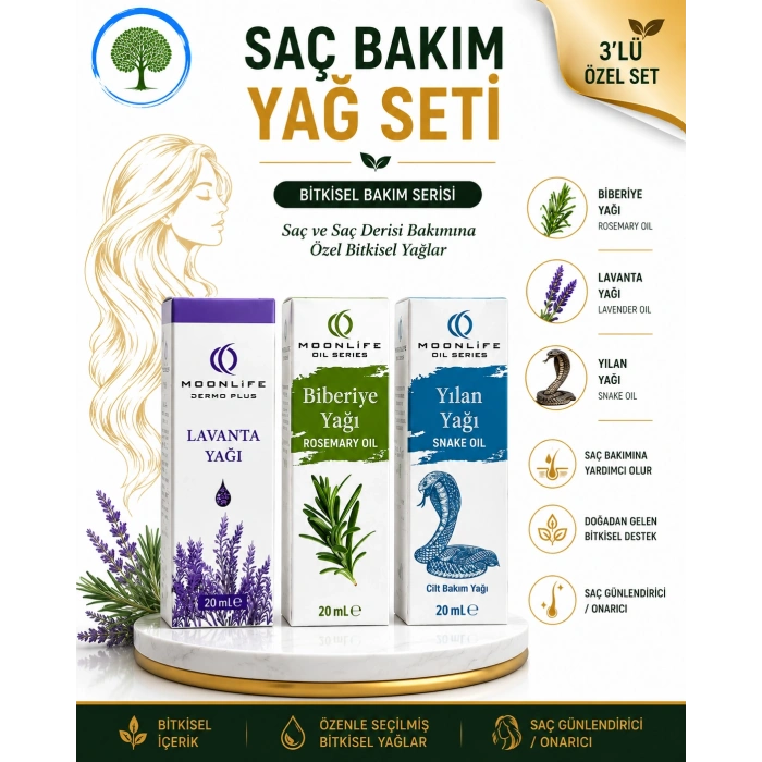 Moonlife Saç Bakımına Özel 3lü Set | Lavanta yağı 20 ml, Biberiye yağı 20 ml, Yılan Yağı 20 ml